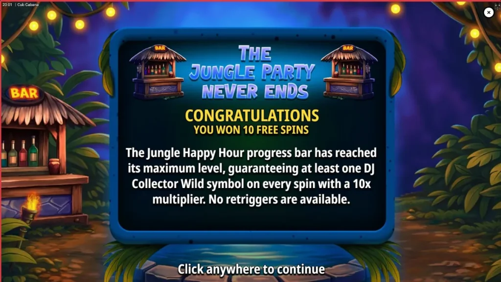 Interface vibrante do slot Cub Cabana com elementos tropicais