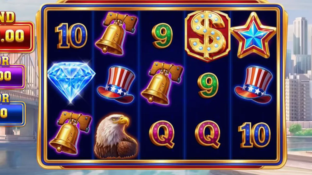 Visual vibrante e patriótico do jogo de slot Legacy of Liberty com símbolos icônicos americanos.